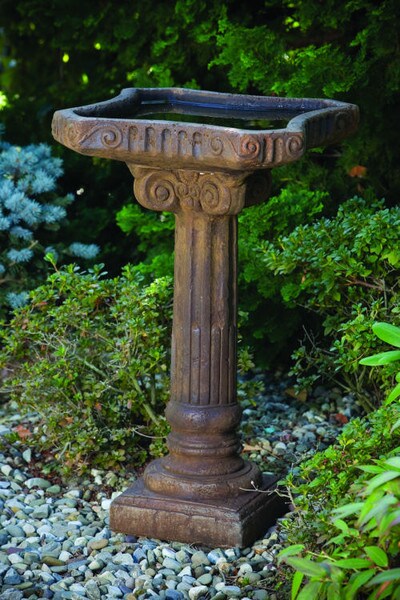 One Piece Distressed Fluted Birdbath Cement Garden Ionic Capital Art